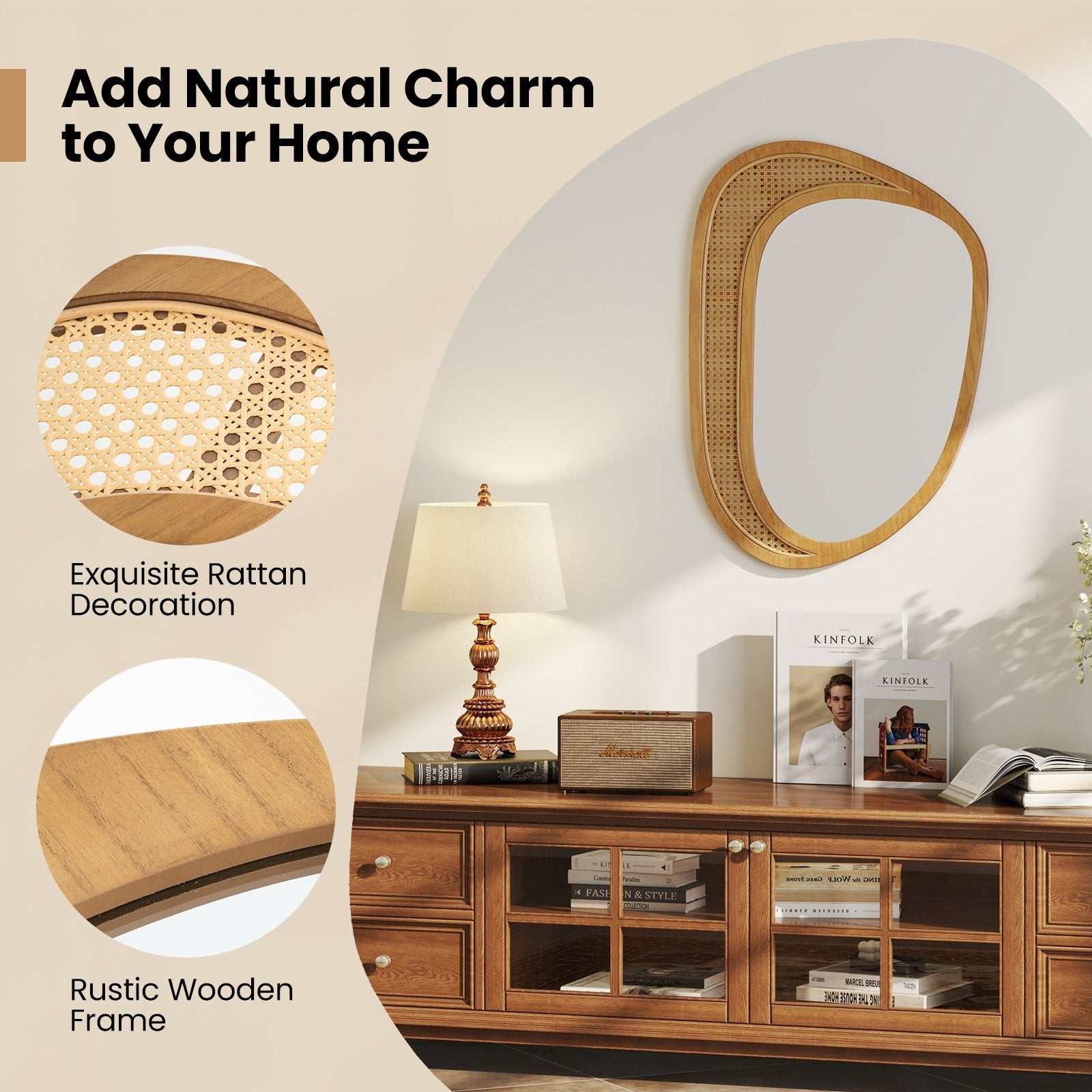 Bohemian Irregular Wall Mounted Decorative Mirror with Wooden Frame, Natural Wall Mirrors at Gallery Canada