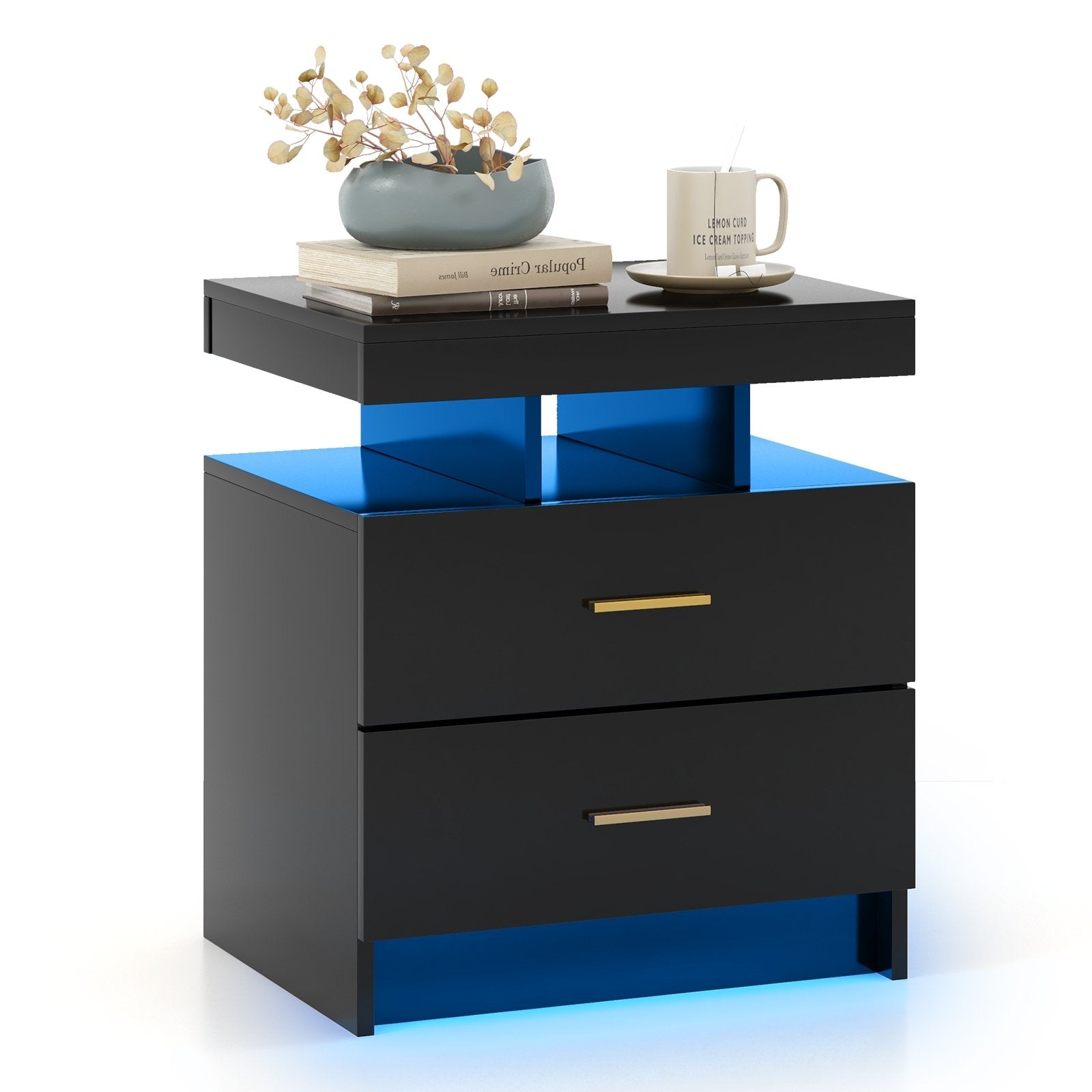 Set of 2 LED Nightstand with 2 Storage Drawers for Bedroom, Black Nightstands Black  at Gallery Canada