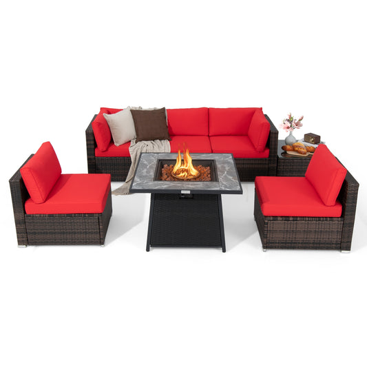 7 Pieces Patio Furniture Set with 35 Inches 50000 BTU Propane Gas Fire Pit Table and Waterproof Cover for Firpit, Red Patio Dining Sets Red  at Gallery Canada