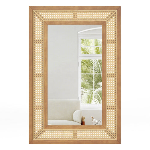 Rattan Decorative Wall Mirror with Wooden Frame for Bathroom and Living Room, Natural