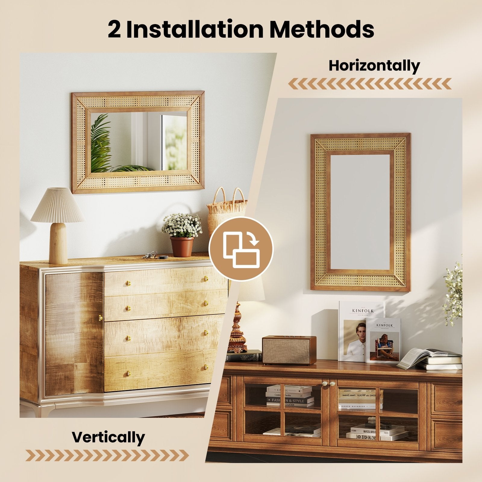Rattan Decorative Wall Mirror with Wooden Frame for Bathroom and Living Room, Natural Wall Mirrors at Gallery Canada