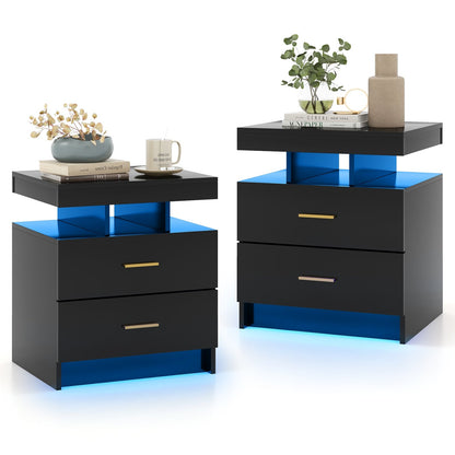 Set of 2 LED Nightstand with 2 Storage Drawers for Bedroom, Black Nightstands   at Gallery Canada