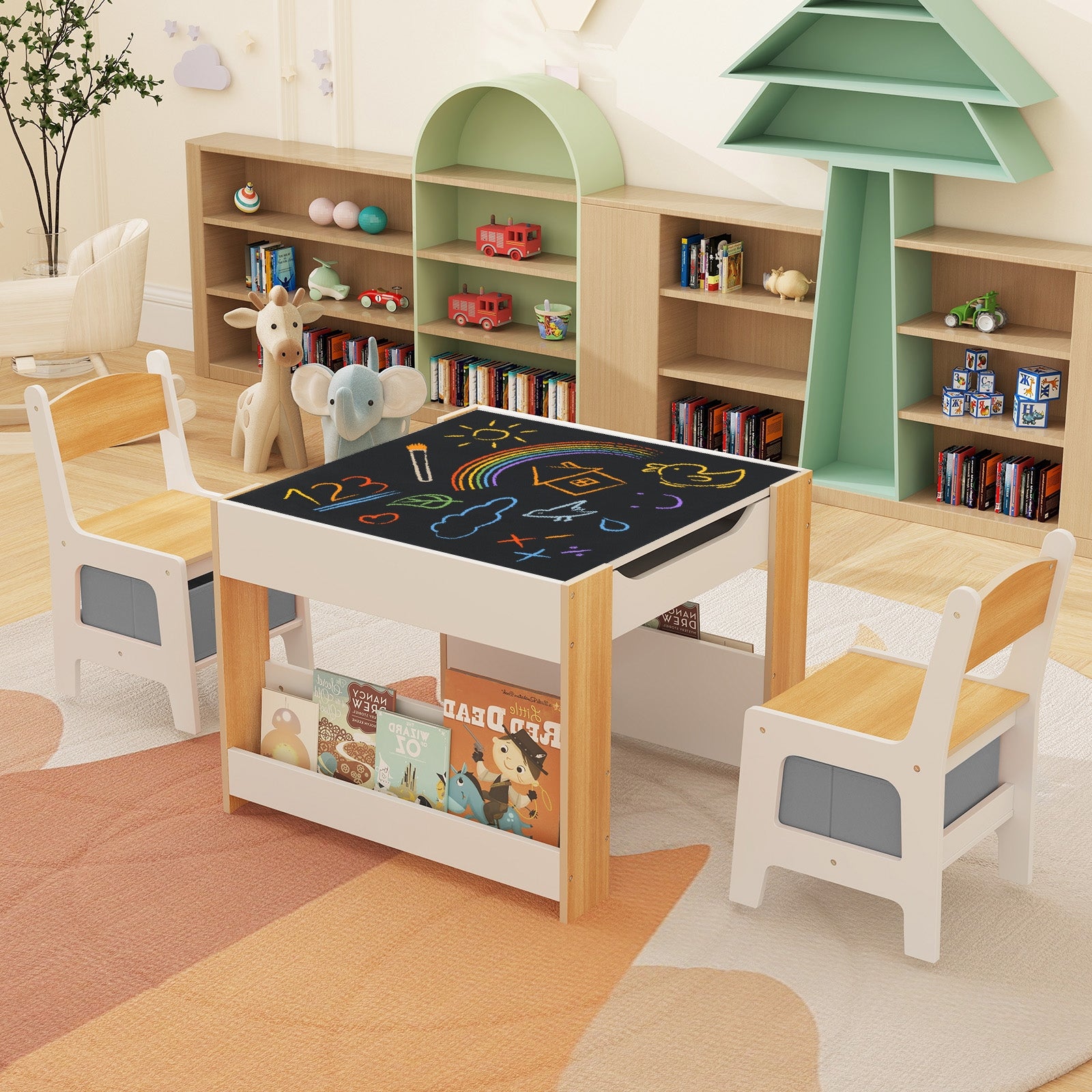 4 in 1 Kids Toddler Activity Table and Chairs Set with Reversible Tabletop, Natural Kids Table & Chair Sets at Gallery Canada