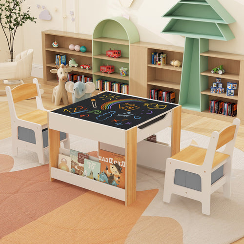 4 in 1 Kids Toddler Activity Table and Chairs Set with Reversible Tabletop, Natural