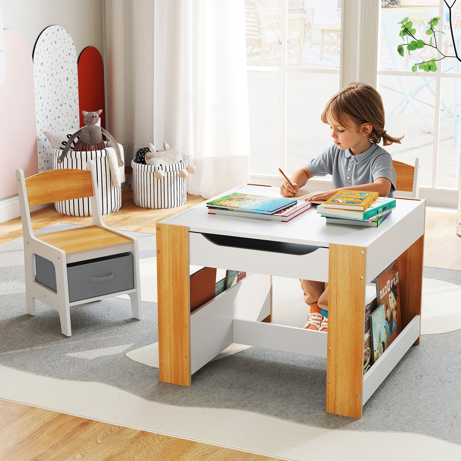 4 in 1 Kids Toddler Activity Table and Chairs Set with Reversible Tabletop, Natural Kids Table & Chair Sets at Gallery Canada