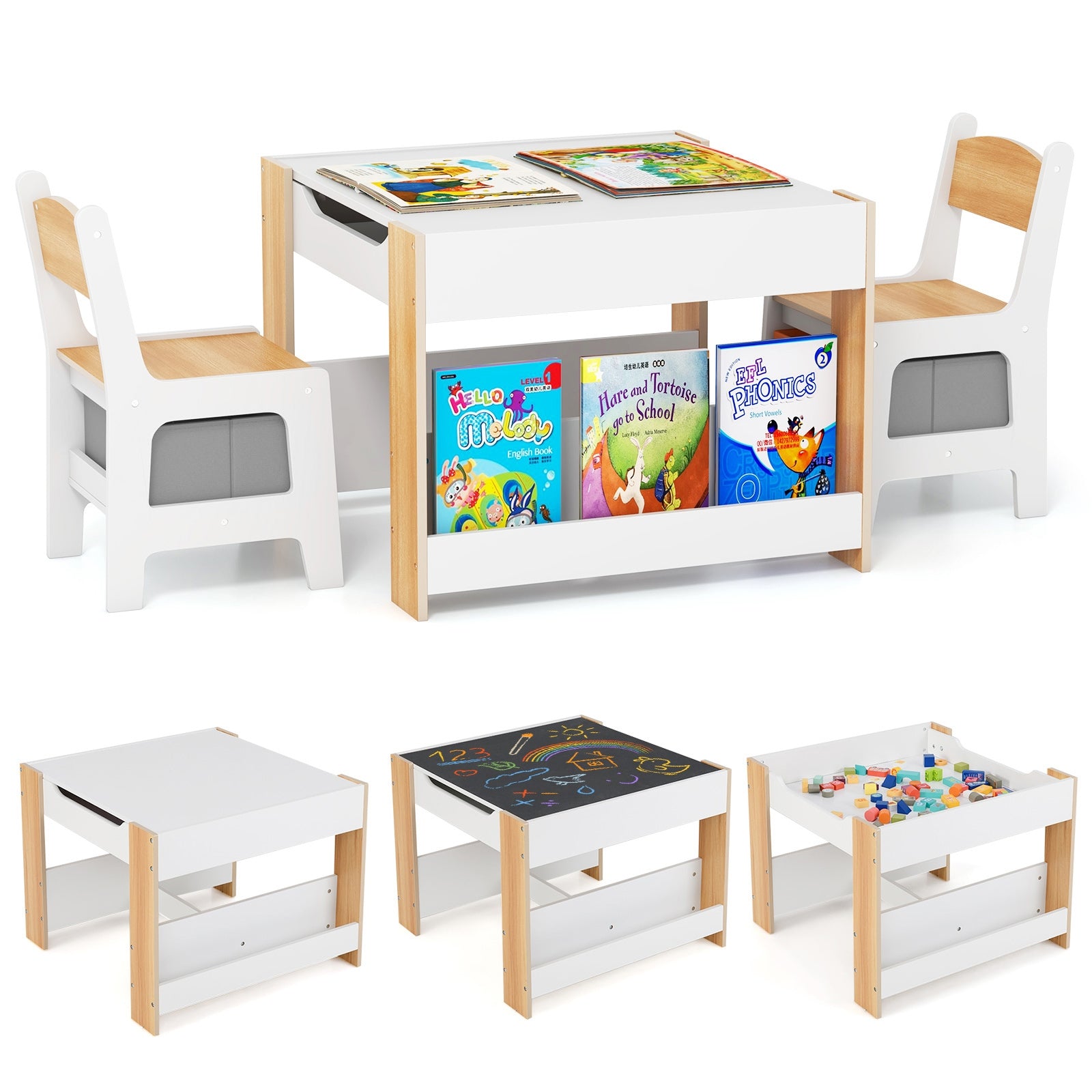 4 in 1 Kids Toddler Activity Table and Chairs Set with Reversible Tabletop, Natural Kids Table & Chair Sets Natural at Gallery Canada