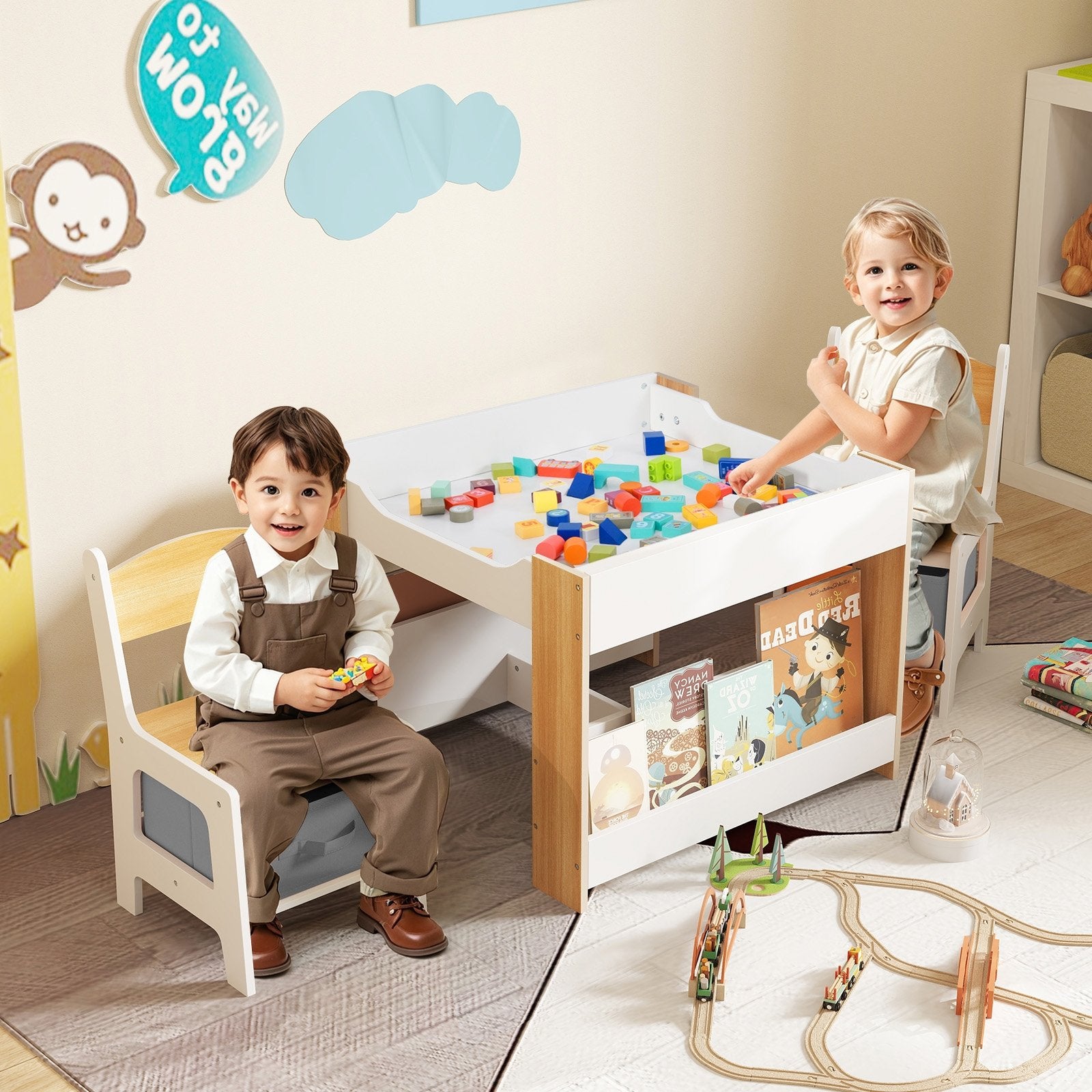 4 in 1 Kids Toddler Activity Table and Chairs Set with Reversible Tabletop, Natural Kids Table & Chair Sets at Gallery Canada