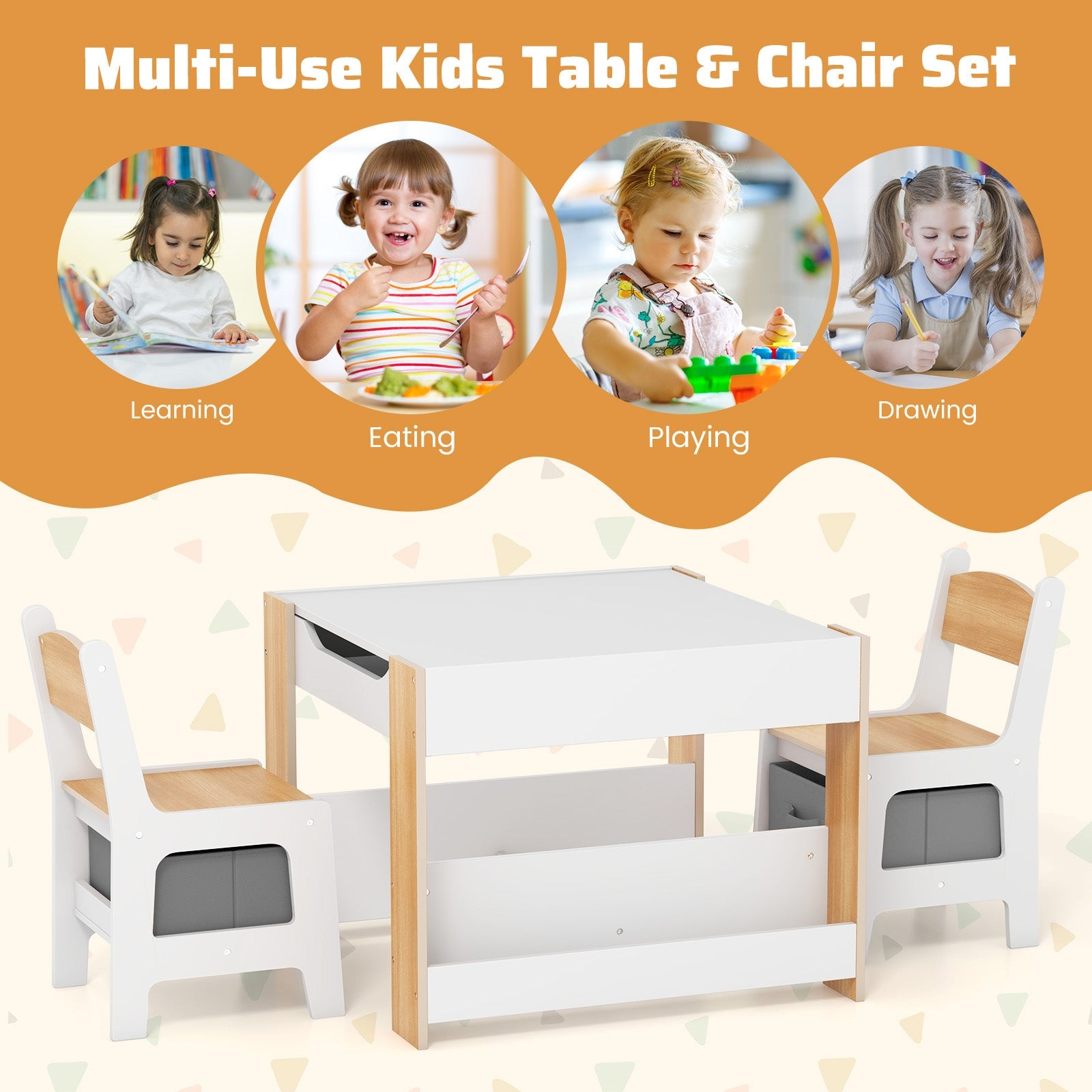 4 in 1 Kids Toddler Activity Table and Chairs Set with Reversible Tabletop, Natural Kids Table & Chair Sets at Gallery Canada
