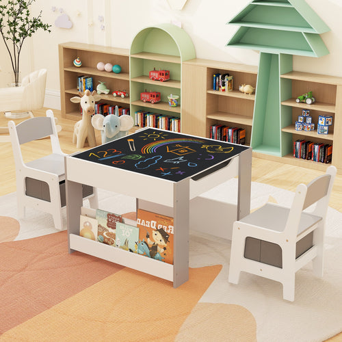 4 in 1 Kids Toddler Activity Table and Chairs Set with Reversible Tabletop-Grey, Gray