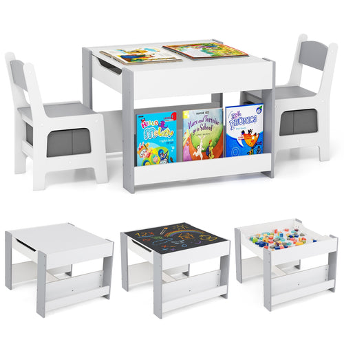 4 in 1 Kids Toddler Activity Table and Chairs Set with Reversible Tabletop-Grey, Gray