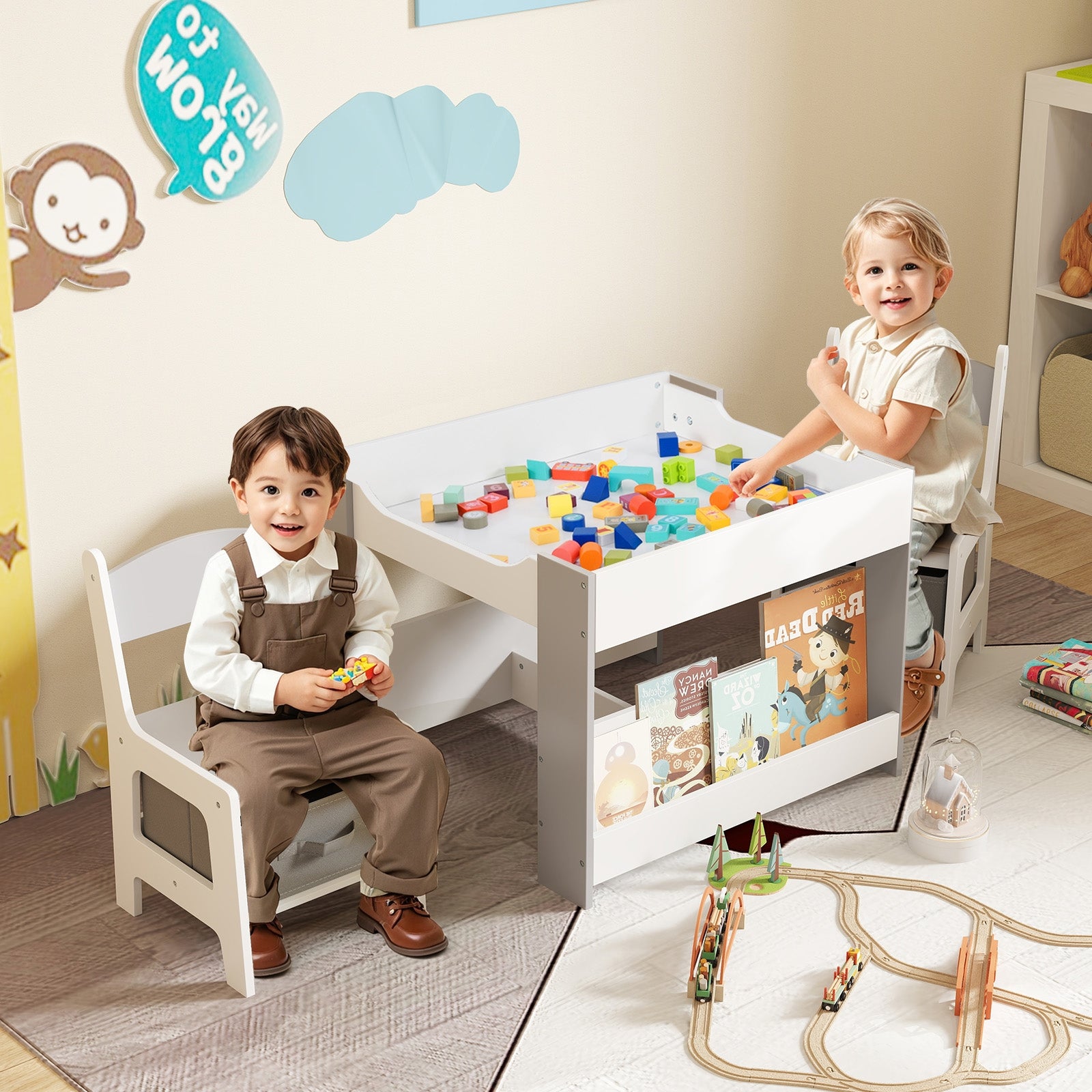 4 in 1 Kids Toddler Activity Table and Chairs Set with Reversible Tabletop-Grey, Gray Kids Table & Chair Sets at Gallery Canada