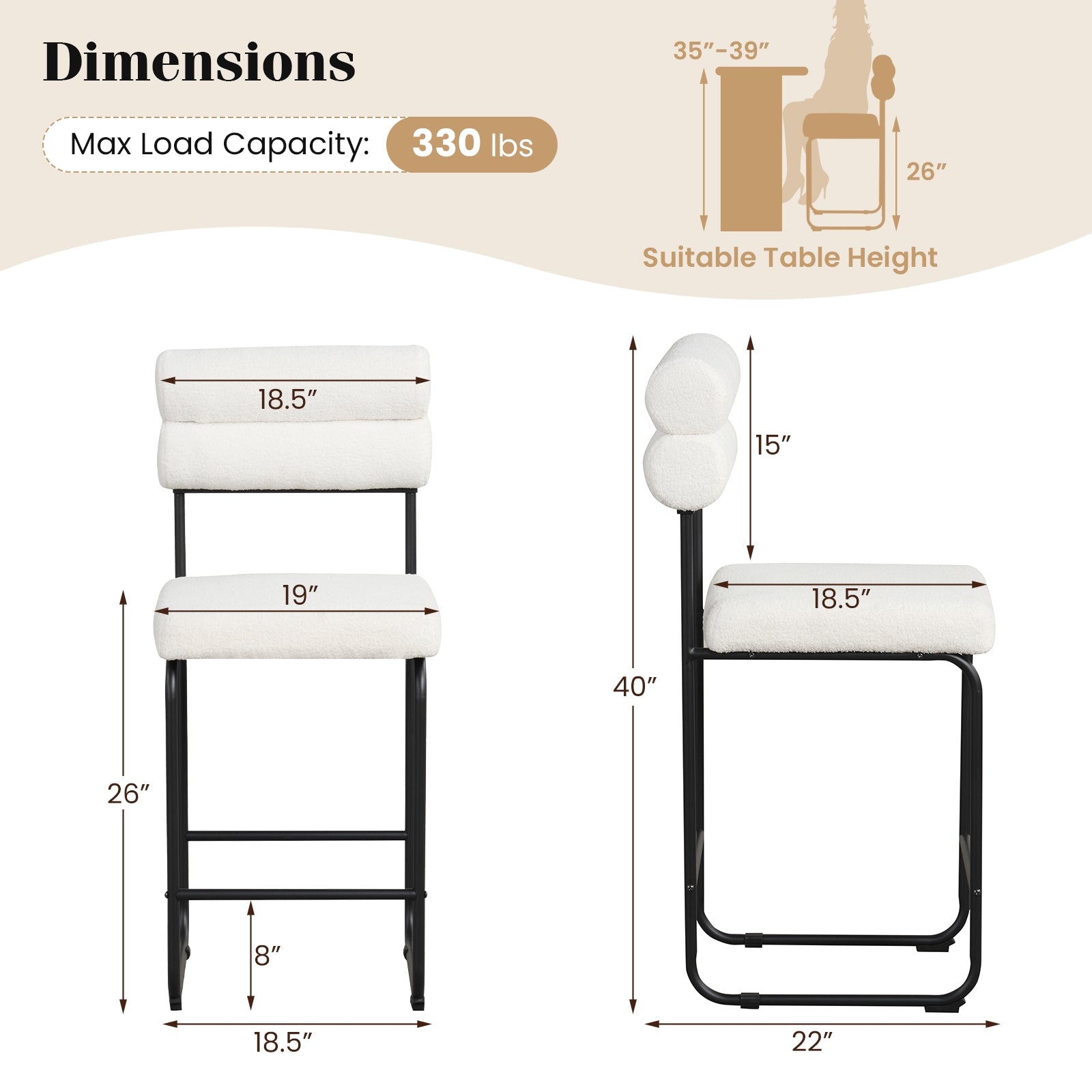 26 Inch Counter Height Bar Stools Set of 2 with Metal Frame and Footrest, White Bar Stools at Gallery Canada