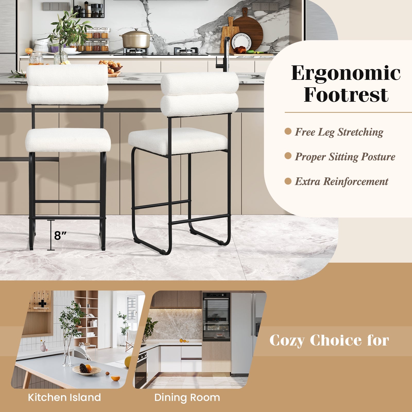 26 Inch Counter Height Bar Stools Set of 2 with Metal Frame and Footrest, White Bar Stools at Gallery Canada