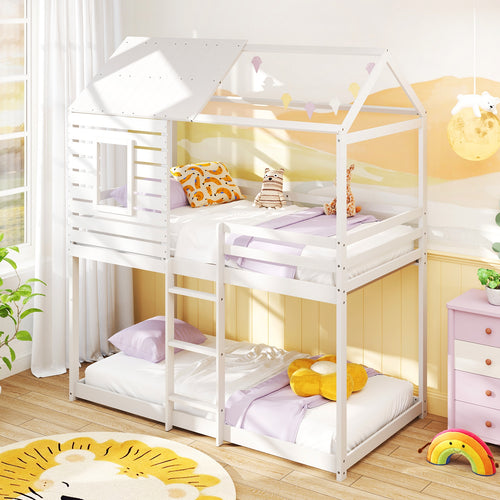 Twin over Twin House Bunk Bed with Roof and Full-length Guardrails, White