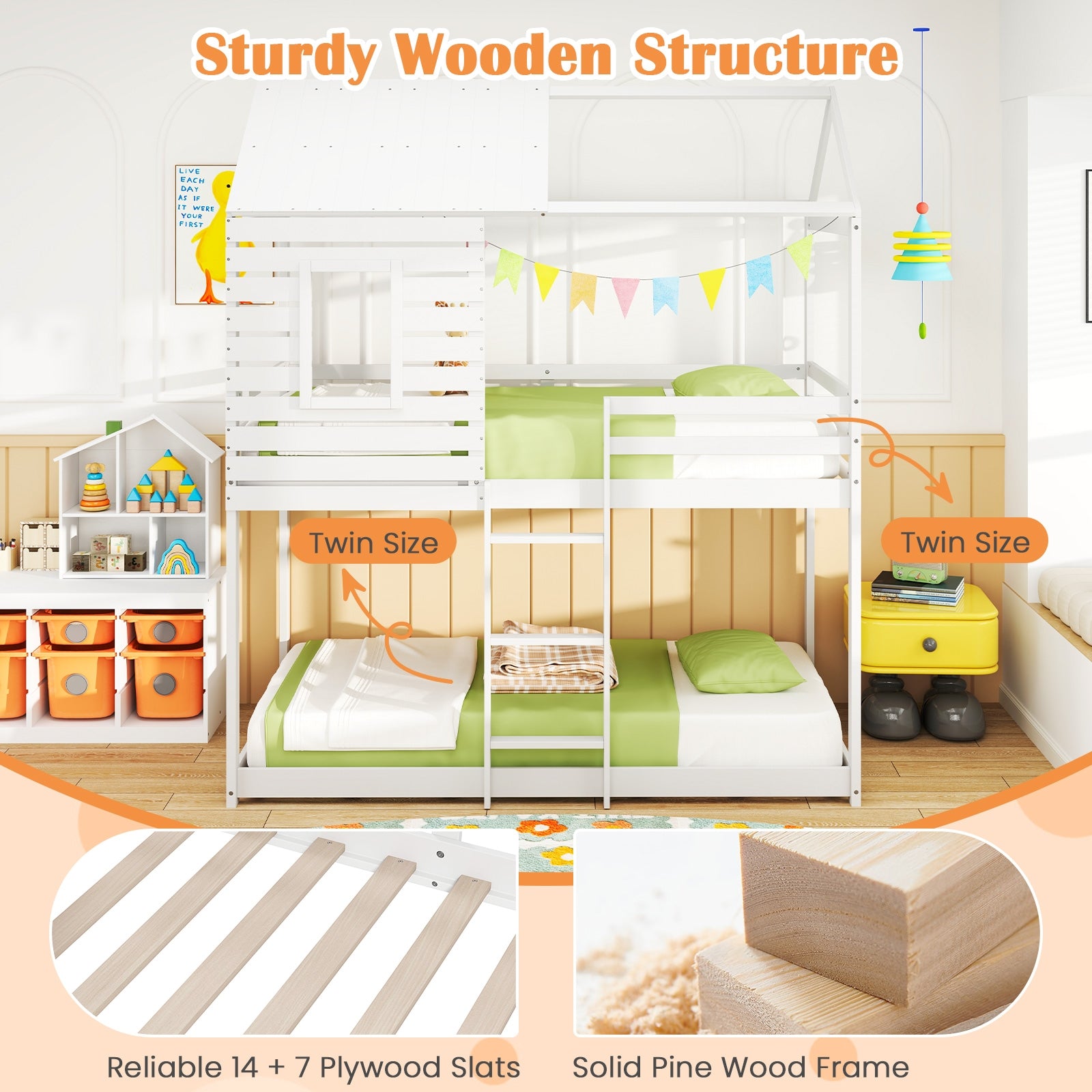 Twin over Twin House Bunk Bed with Roof and Full-length Guardrails, White Bunk Bed Frame at Gallery Canada