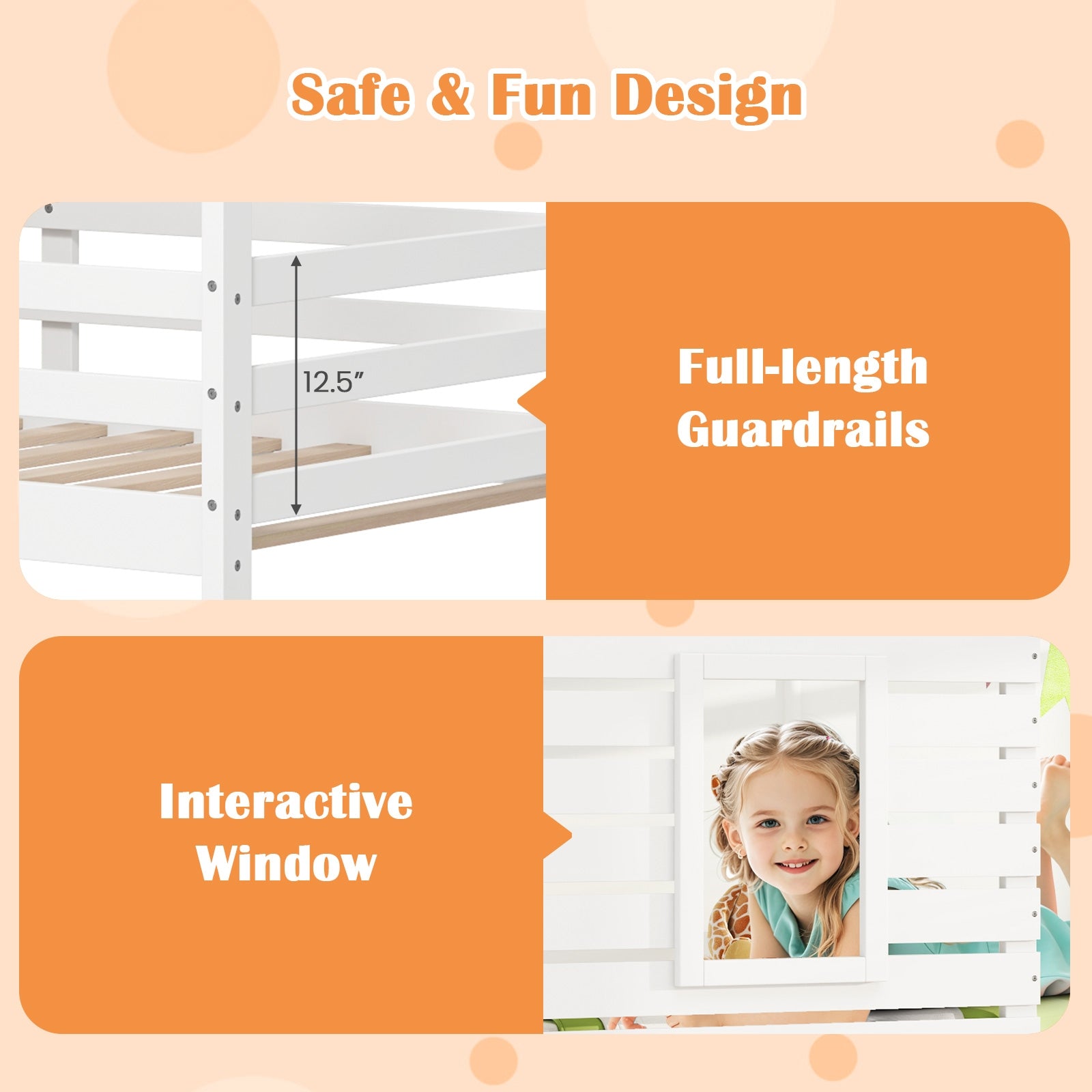 Twin over Twin House Bunk Bed with Roof and Full-length Guardrails, White Bunk Bed Frame at Gallery Canada