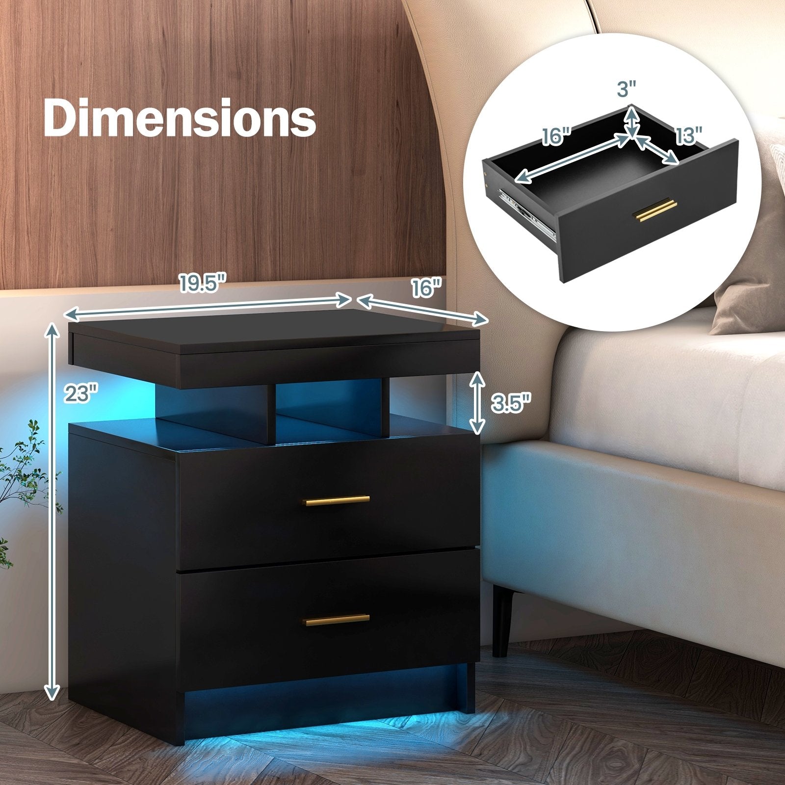 Set of 2 LED Nightstand with 2 Storage Drawers for Bedroom, Black Nightstands   at Gallery Canada