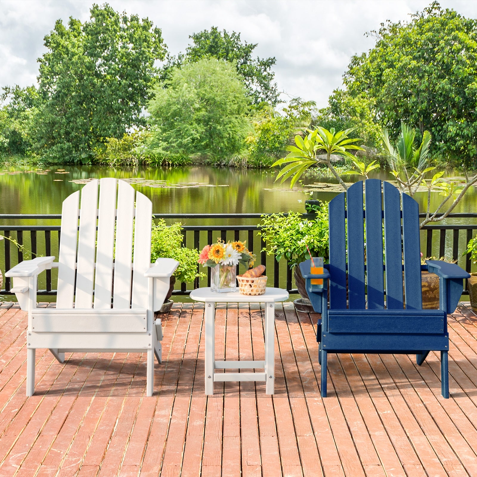 Foldable Weather Resistant Patio Chair with Built-in Cup Holder, Navy Adirondack Chairs   at Gallery Canada