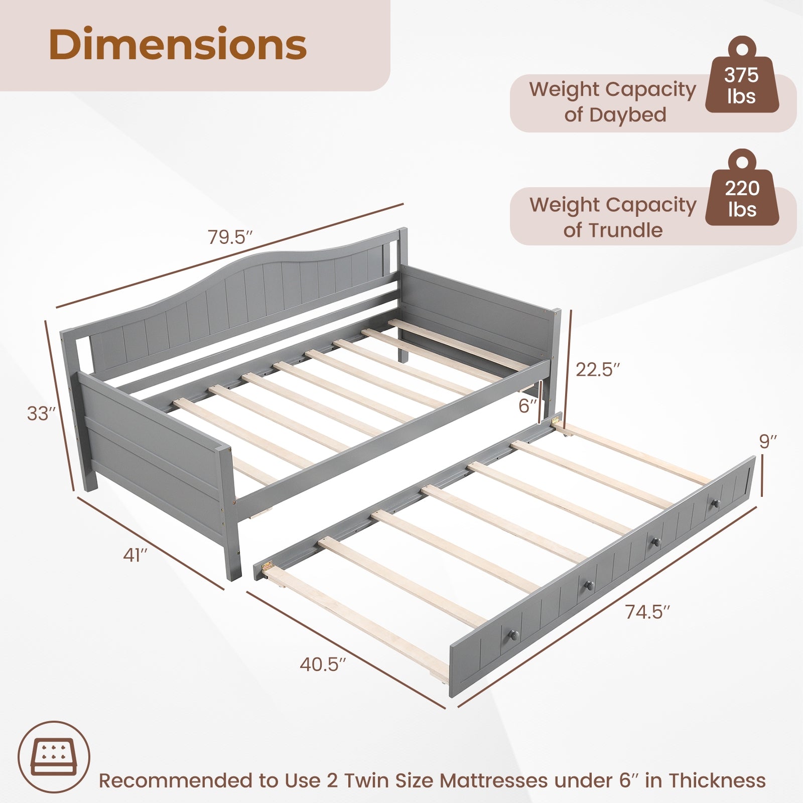 Twin Size Daybed with Trundle and Slats Support on Wheels, Gray Trundle Bed Frame at Gallery Canada