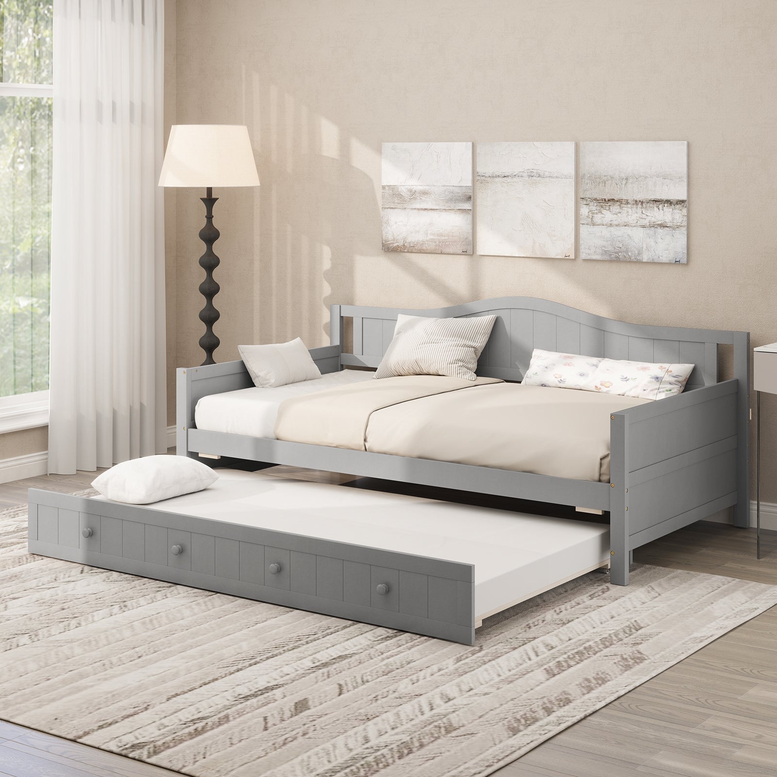 Twin Size Daybed with Trundle and Slats Support on Wheels, Gray Trundle Bed Frame at Gallery Canada