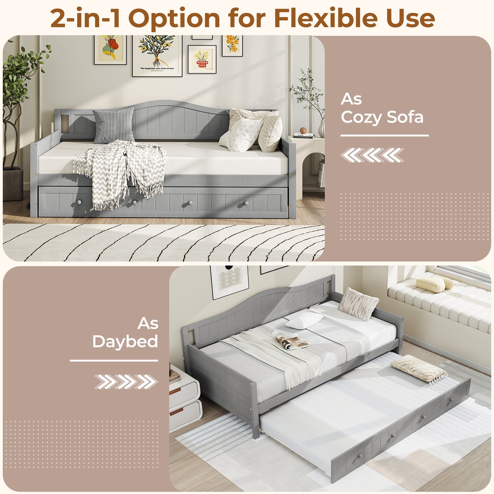 Twin Size Daybed with Trundle and Slats Support on Wheels, Gray Trundle Bed Frame at Gallery Canada