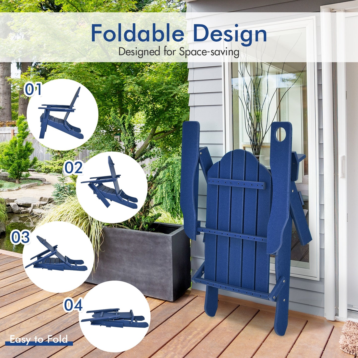 Foldable Weather Resistant Patio Chair with Built-in Cup Holder, Navy Adirondack Chairs   at Gallery Canada