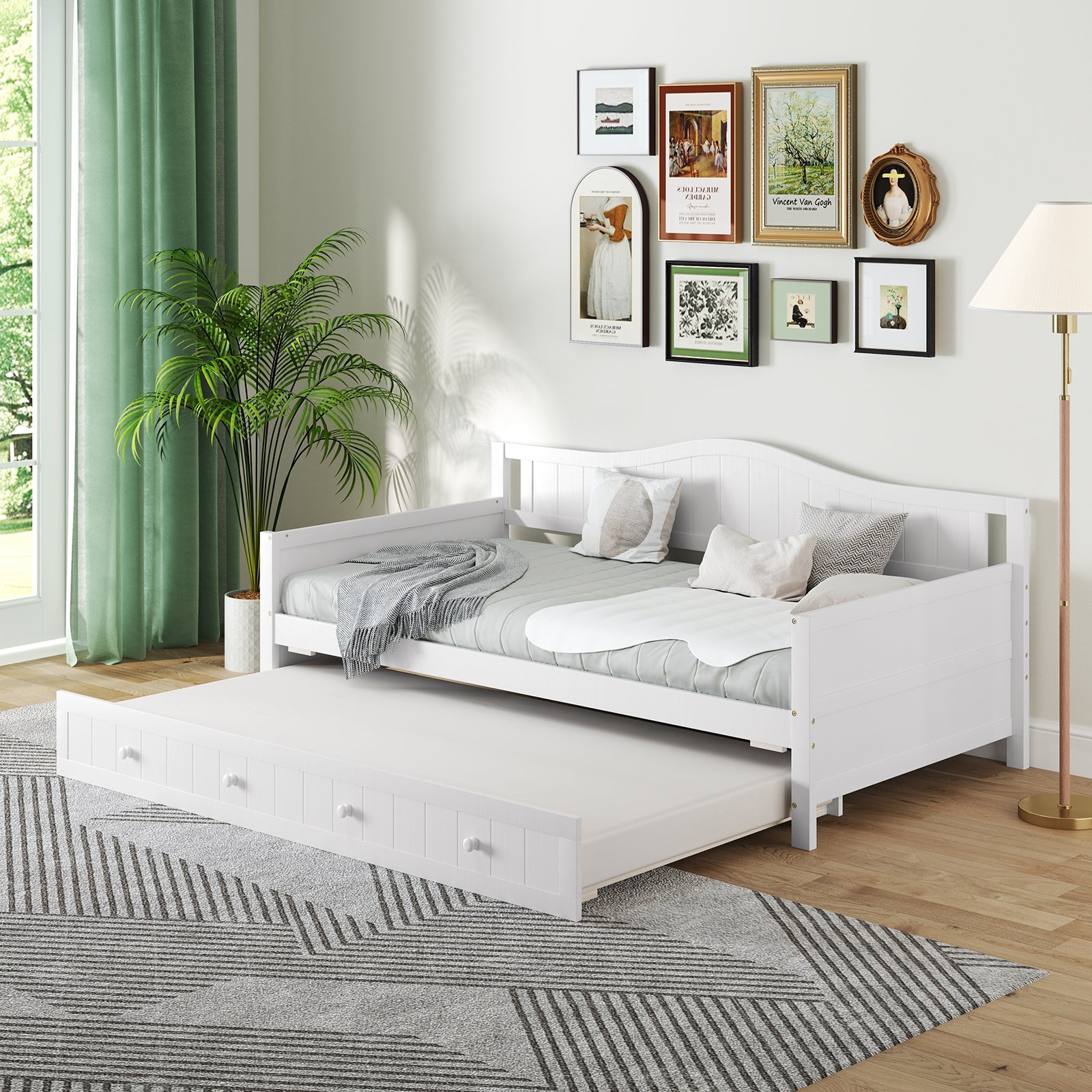 Twin Size Daybed with Trundle and Slats Support on Wheels, White Trundle Bed Frame at Gallery Canada