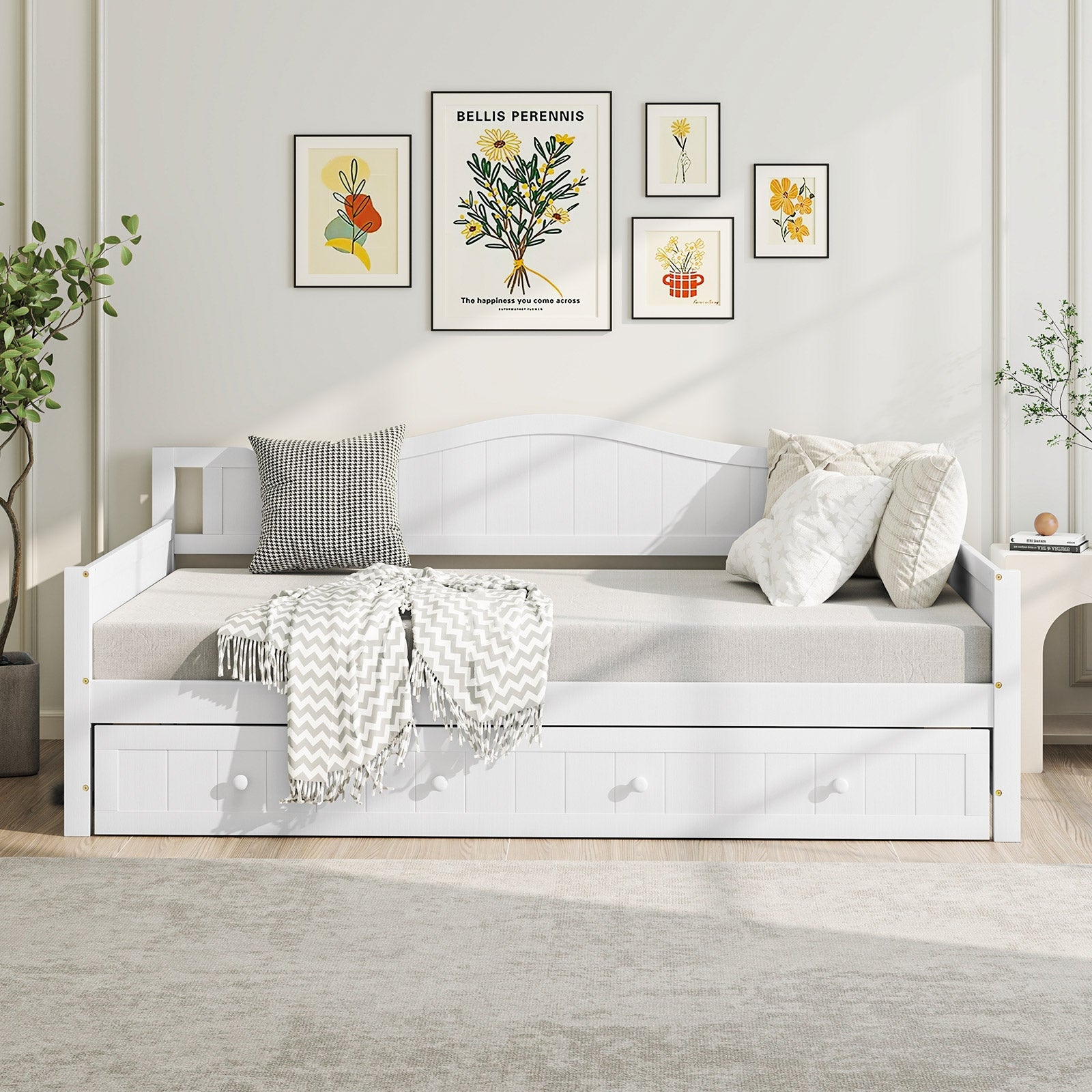 Twin Size Daybed with Trundle and Slats Support on Wheels, White Trundle Bed Frame at Gallery Canada