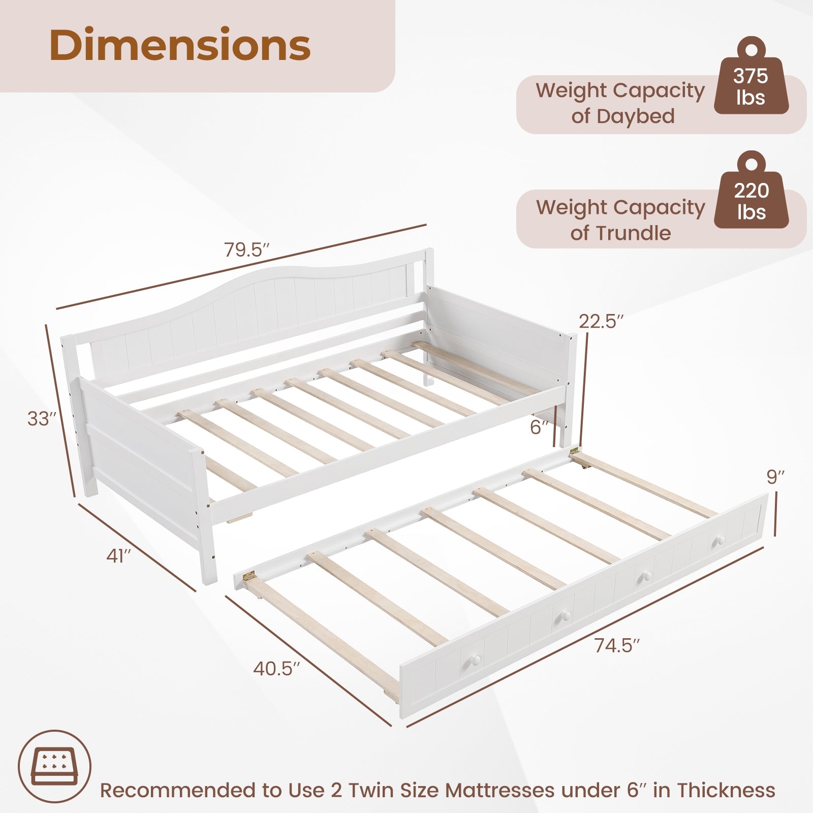 Twin Size Daybed with Trundle and Slats Support on Wheels, White Trundle Bed Frame at Gallery Canada