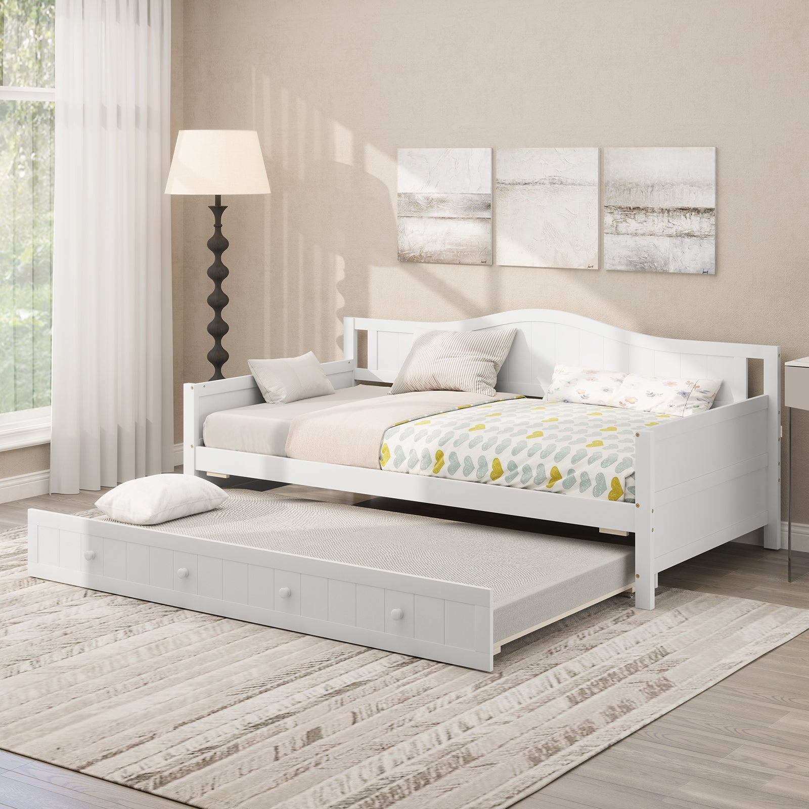 Twin Size Daybed with Trundle and Slats Support on Wheels, White Trundle Bed Frame at Gallery Canada