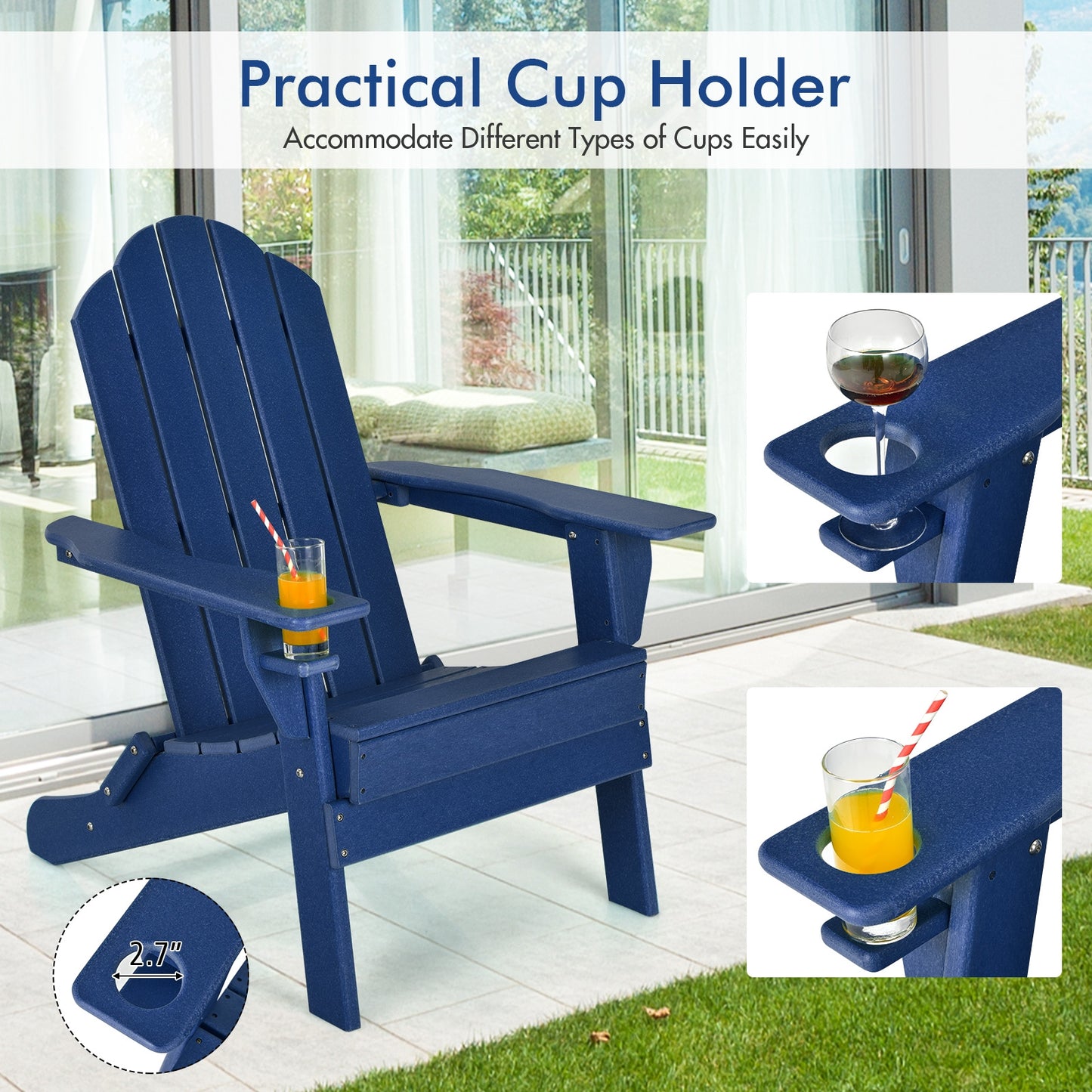 Foldable Weather Resistant Patio Chair with Built-in Cup Holder, Navy Adirondack Chairs   at Gallery Canada