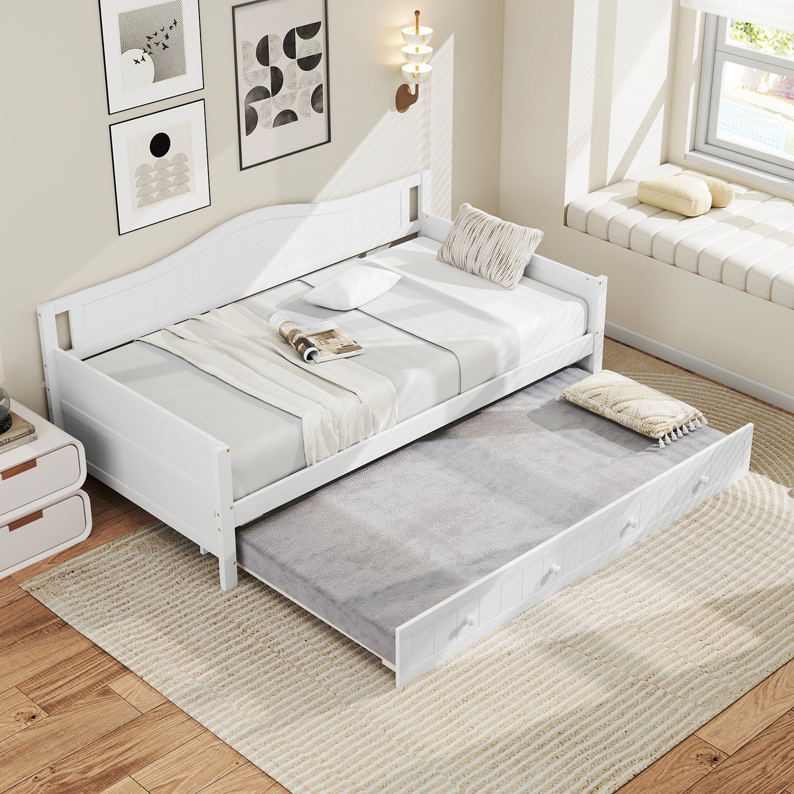 Twin Size Daybed with Trundle and Slats Support on Wheels, White Trundle Bed Frame at Gallery Canada