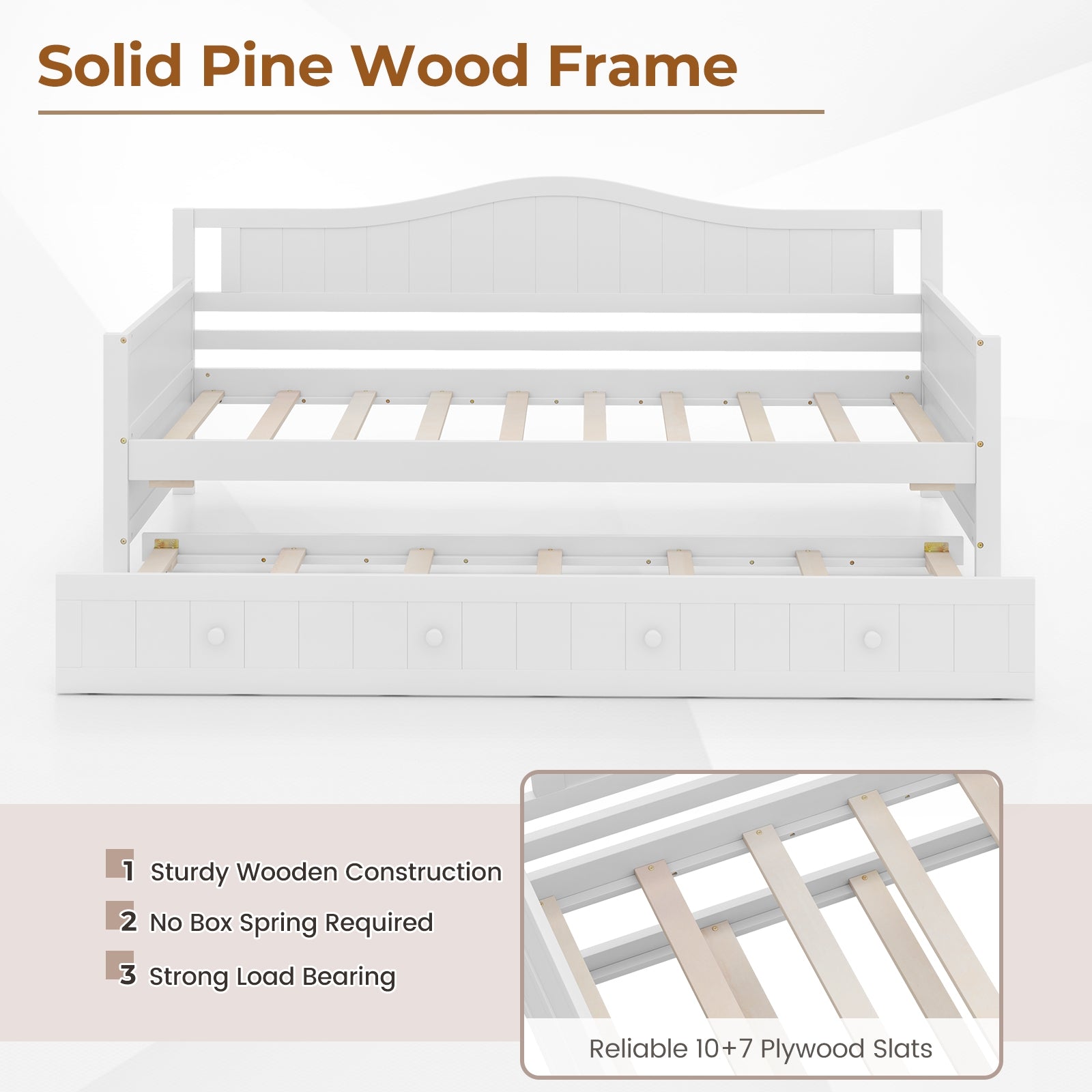 Twin Size Daybed with Trundle and Slats Support on Wheels, White Trundle Bed Frame at Gallery Canada