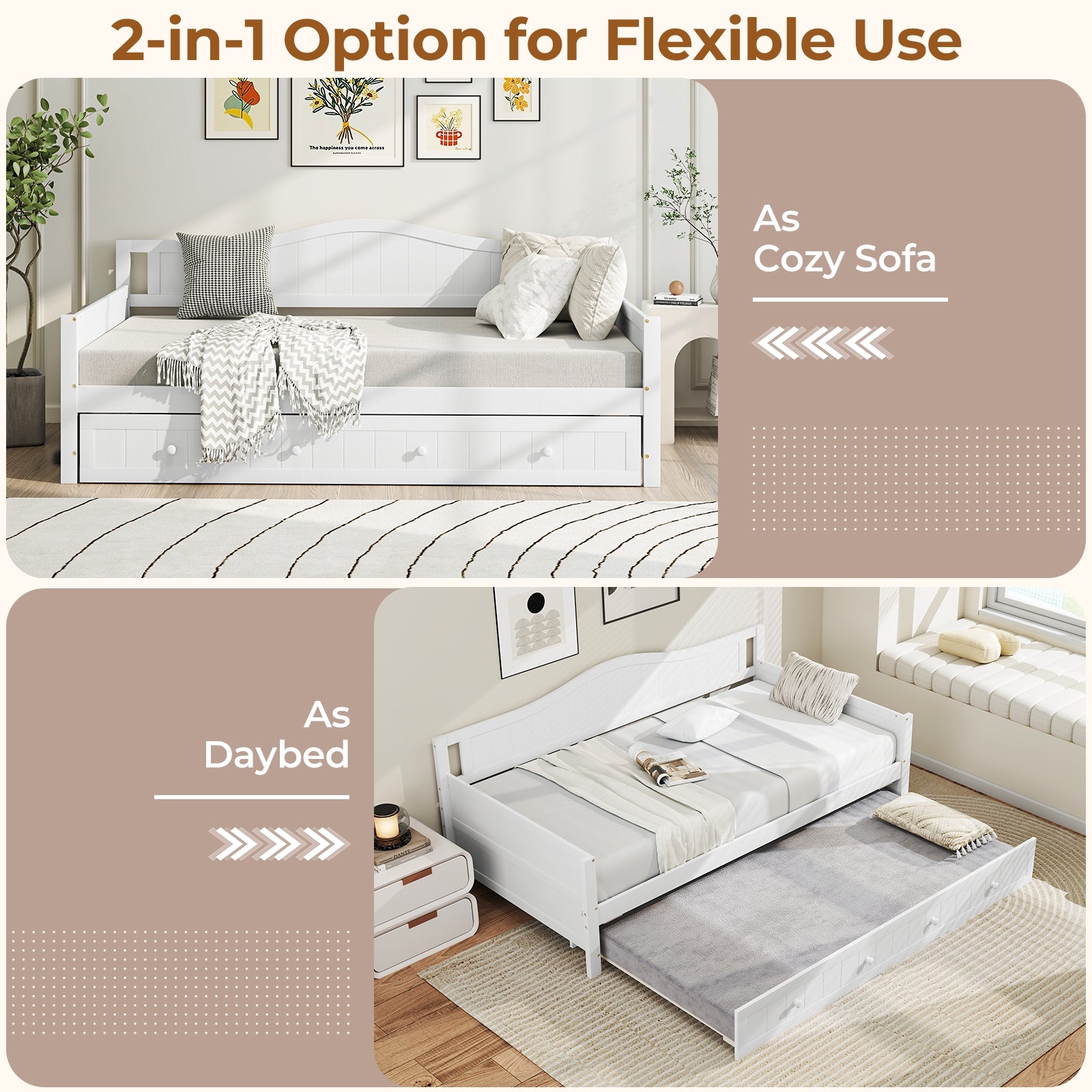 Twin Size Daybed with Trundle and Slats Support on Wheels, White Trundle Bed Frame at Gallery Canada