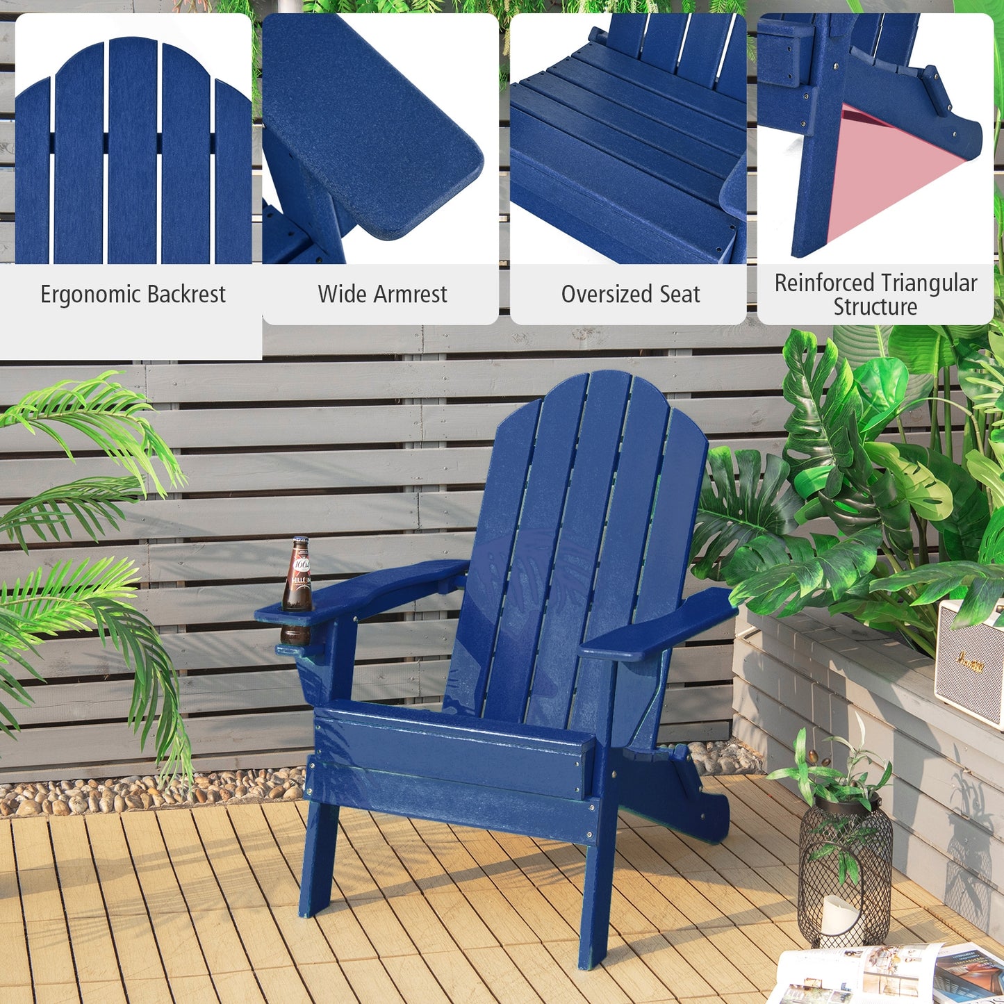 Foldable Weather Resistant Patio Chair with Built-in Cup Holder, Navy Adirondack Chairs   at Gallery Canada