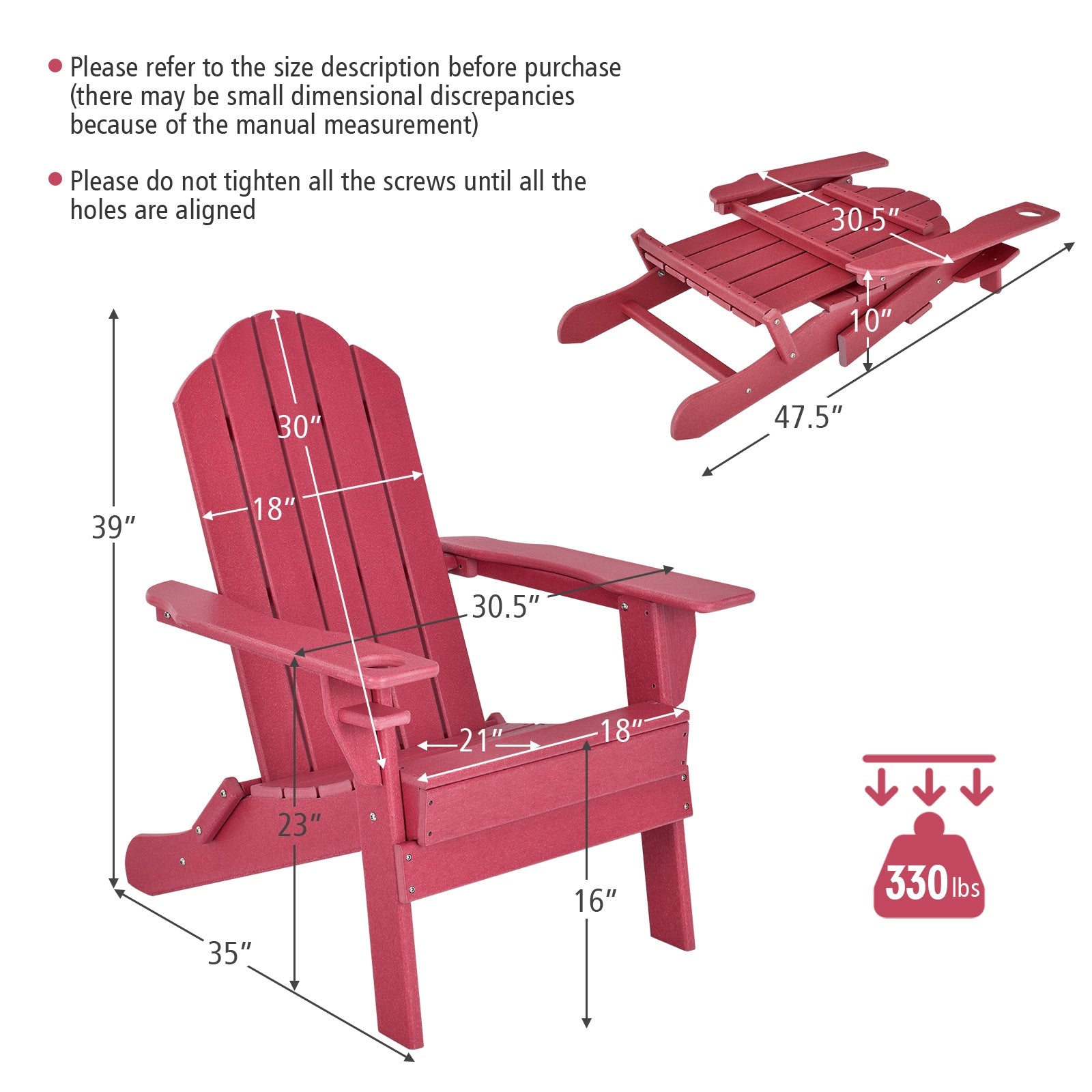 Foldable Weather Resistant Patio Chair with Built-in Cup Holder, Red Adirondack Chairs   at Gallery Canada