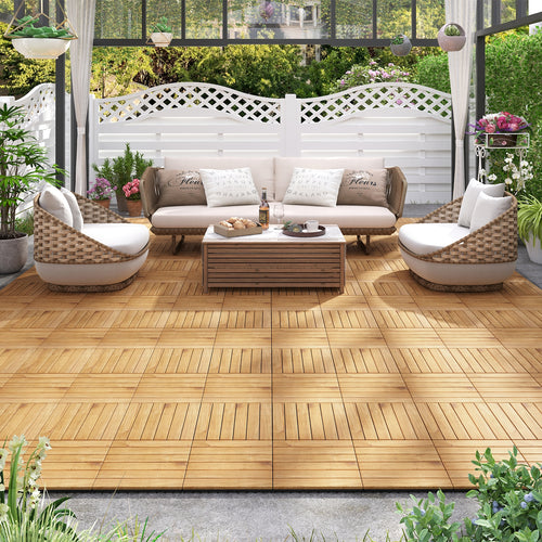30 PCS Interlocking Deck Tiles 12 x 12 Inch Acacia Wood Patio Tiles with Straight Slats, Natural