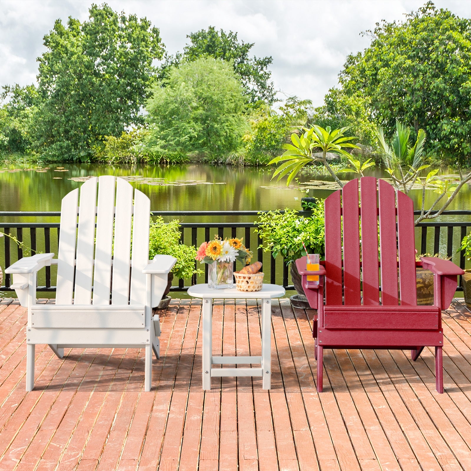 Foldable Weather Resistant Patio Chair with Built-in Cup Holder, Red Adirondack Chairs   at Gallery Canada