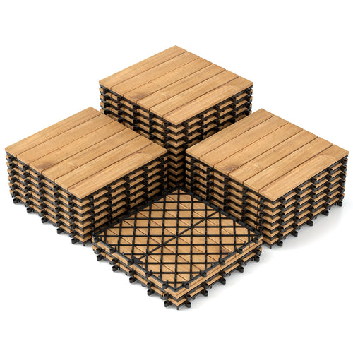 30 PCS Interlocking Deck Tiles 12 x 12 Inch Acacia Wood Patio Tiles with Straight Slats, Natural