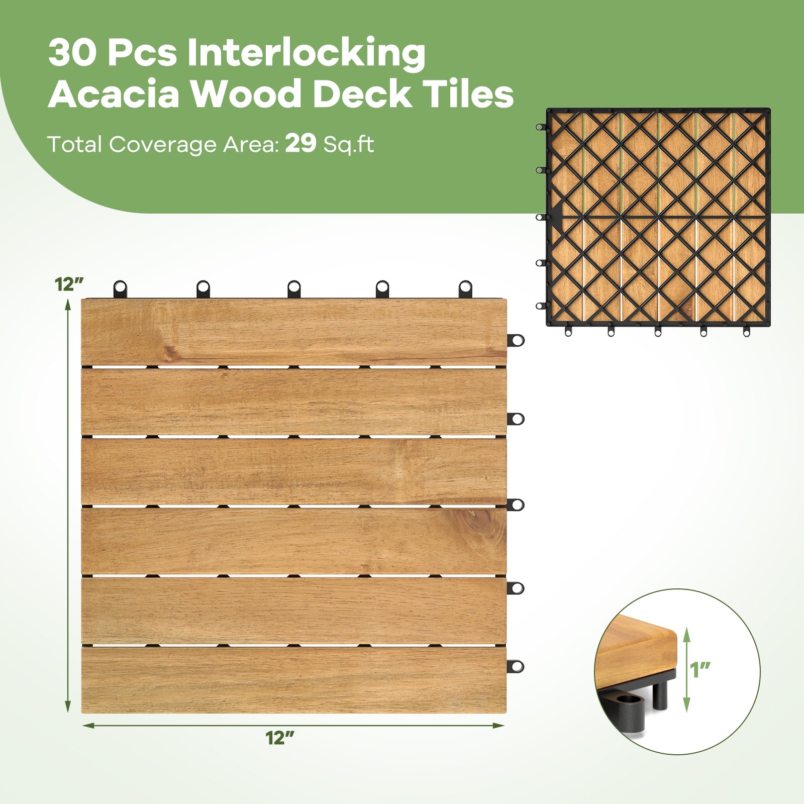 30 PCS Interlocking Deck Tiles 12 x 12 Inch Acacia Wood Patio Tiles with Straight Slats, Natural Decorative Fencing & Flooring at Gallery Canada