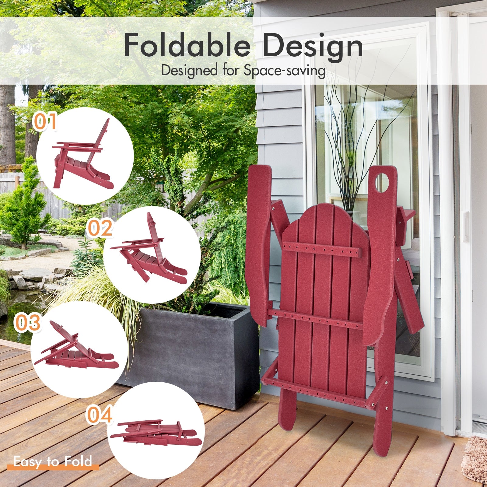 Foldable Weather Resistant Patio Chair with Built-in Cup Holder, Red Adirondack Chairs   at Gallery Canada