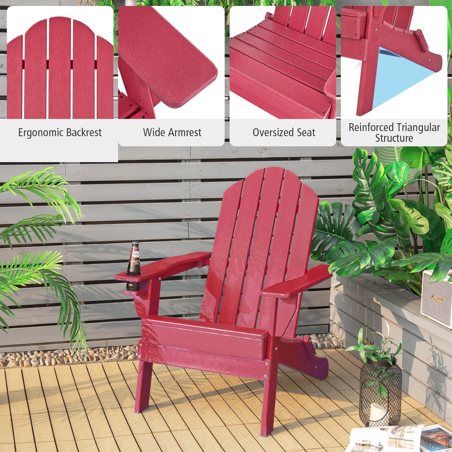 Foldable Weather Resistant Patio Chair with Built-in Cup Holder, Red Adirondack Chairs   at Gallery Canada