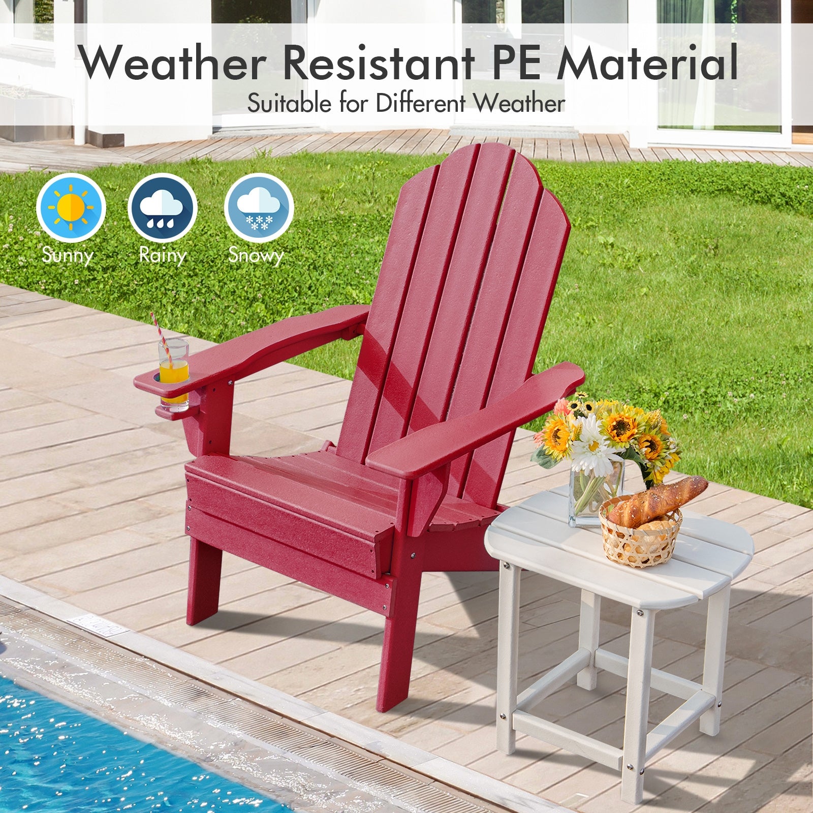 Foldable Weather Resistant Patio Chair with Built-in Cup Holder, Red Adirondack Chairs   at Gallery Canada