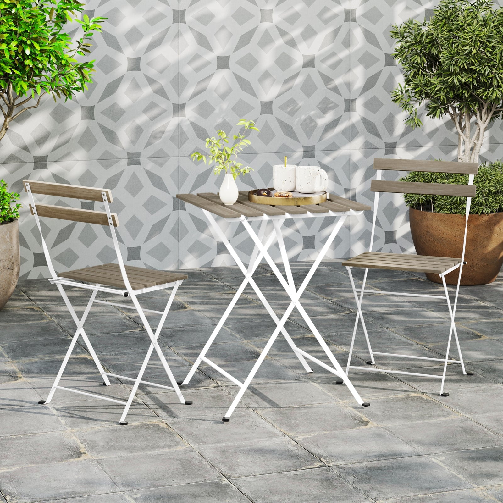 3 Piece Patio Acacia Wood Bistro Set with Slatted Seat and Tabletop, Gray Patio Dining Sets at Gallery Canada
