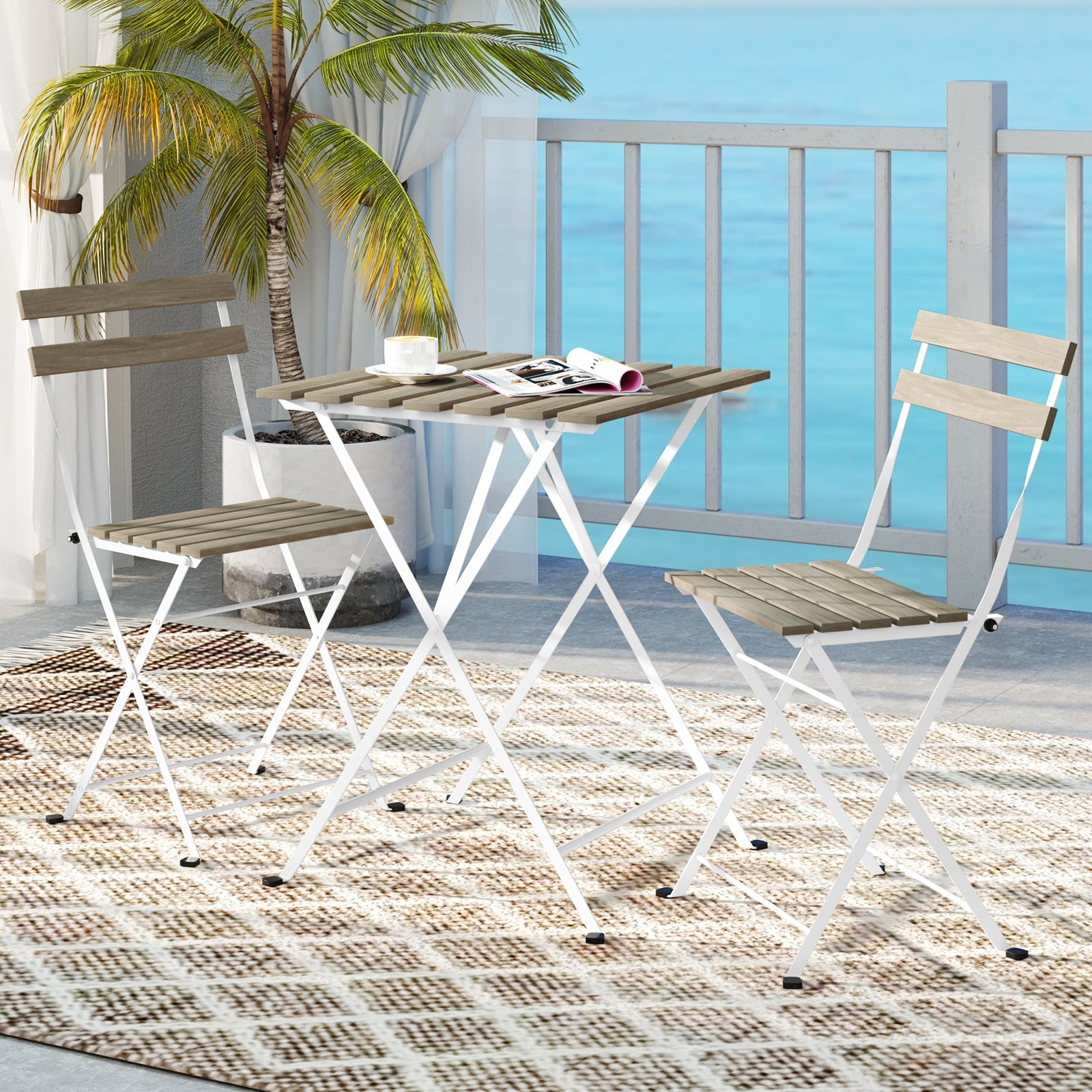 3 Piece Patio Acacia Wood Bistro Set with Slatted Seat and Tabletop, Gray Patio Dining Sets at Gallery Canada