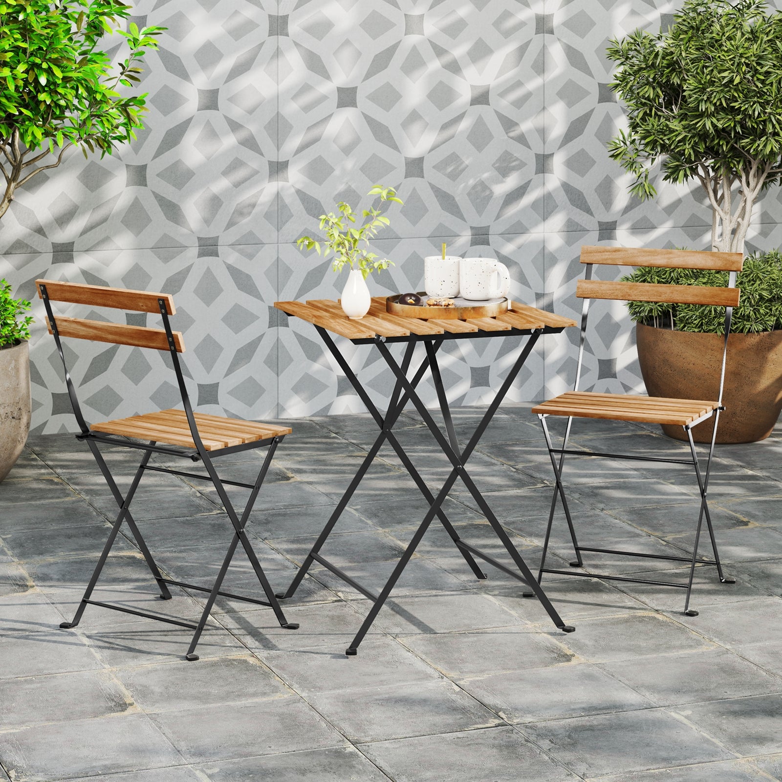 3 Piece Patio Acacia Wood Bistro Set with Slatted Seat and Tabletop, Brown Patio Dining Sets at Gallery Canada