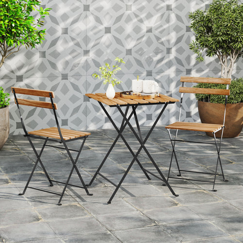 3 Piece Patio Acacia Wood Bistro Set with Slatted Seat and Tabletop, Brown