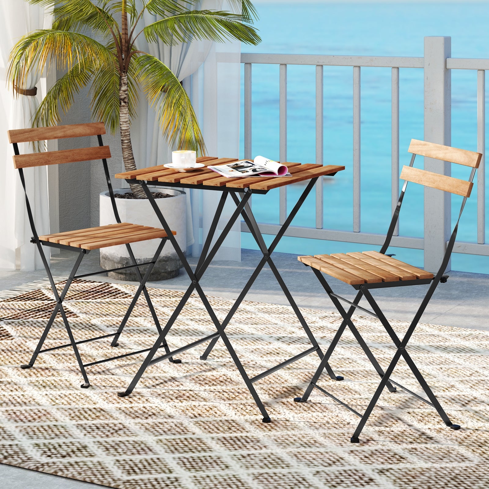 3 Piece Patio Acacia Wood Bistro Set with Slatted Seat and Tabletop, Brown Patio Dining Sets at Gallery Canada