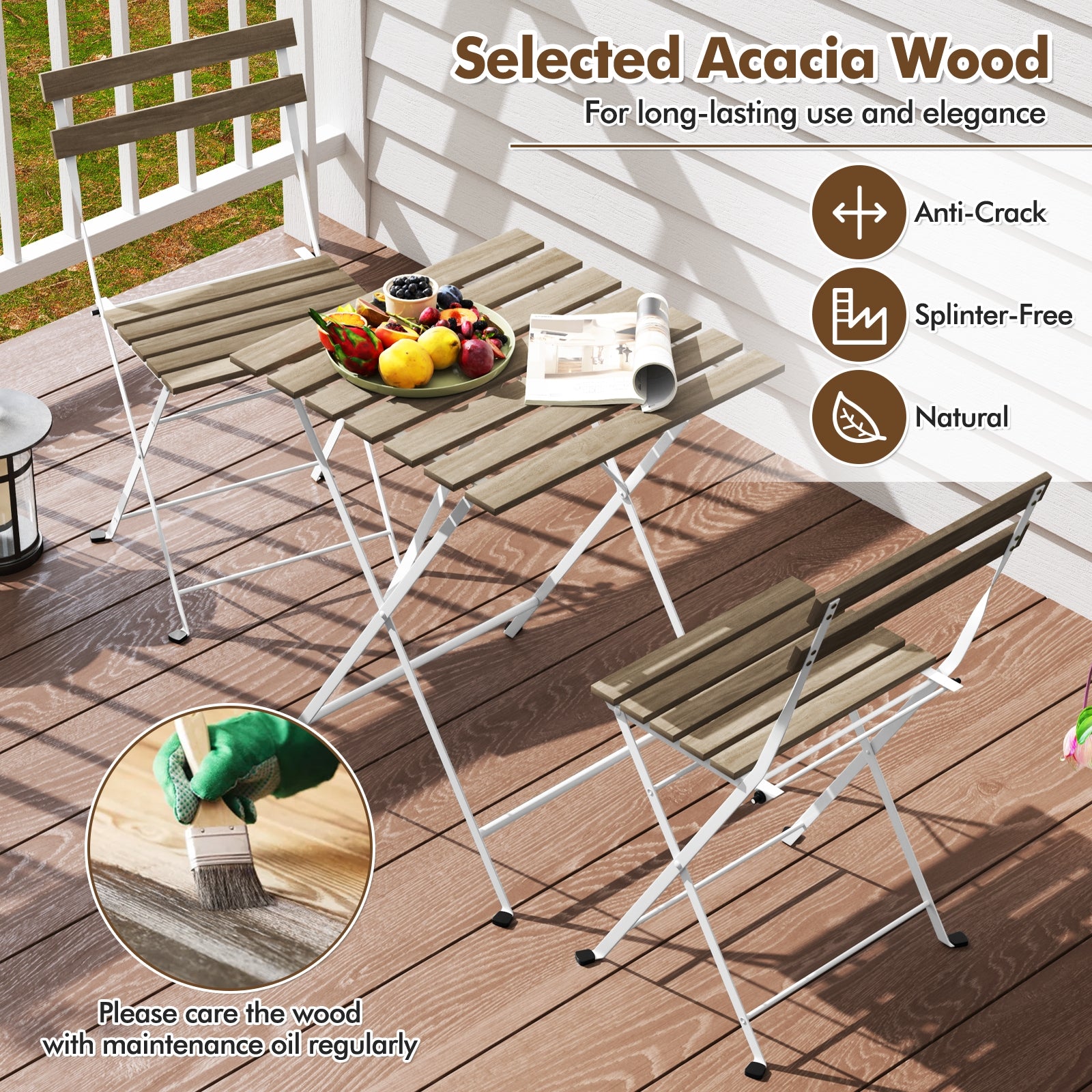 3 Piece Patio Acacia Wood Bistro Set with Slatted Seat and Tabletop, Gray Patio Dining Sets at Gallery Canada