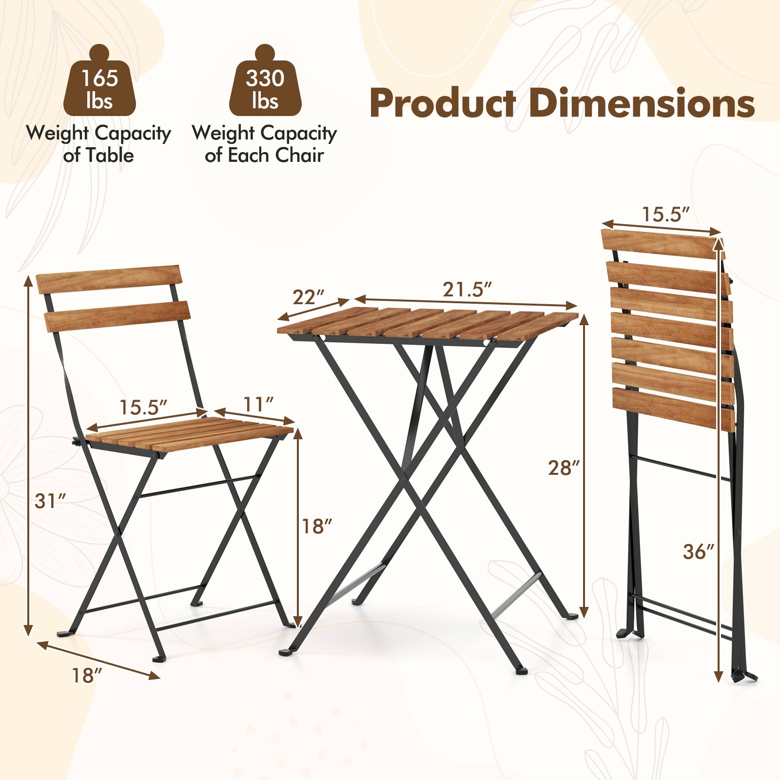 3 Piece Patio Acacia Wood Bistro Set with Slatted Seat and Tabletop, Brown Patio Dining Sets at Gallery Canada